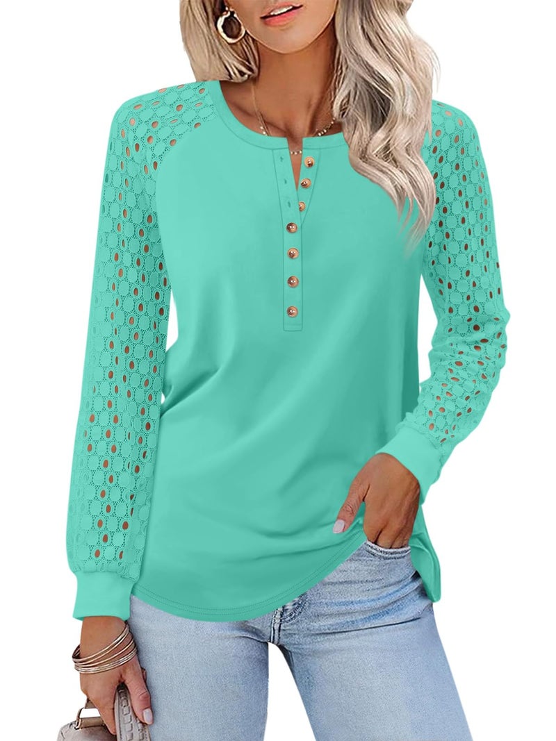 Minetom Women's Lace Long Sleeve Tops Henley Shirts Casual Blouses T Shirts Fall Clothes Lake Green - Image 1