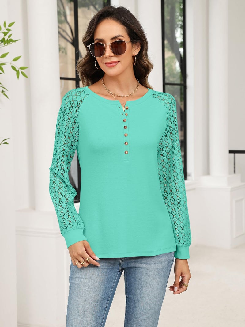 Minetom Women's Lace Long Sleeve Tops Henley Shirts Casual Blouses T Shirts Fall Clothes Lake Green - Image 2