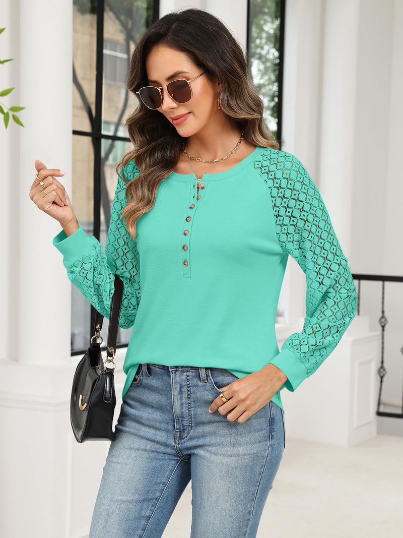 Minetom Women's Lace Long Sleeve Tops Henley Shirts Casual Blouses T Shirts Fall Clothes Lake Green - Image 4