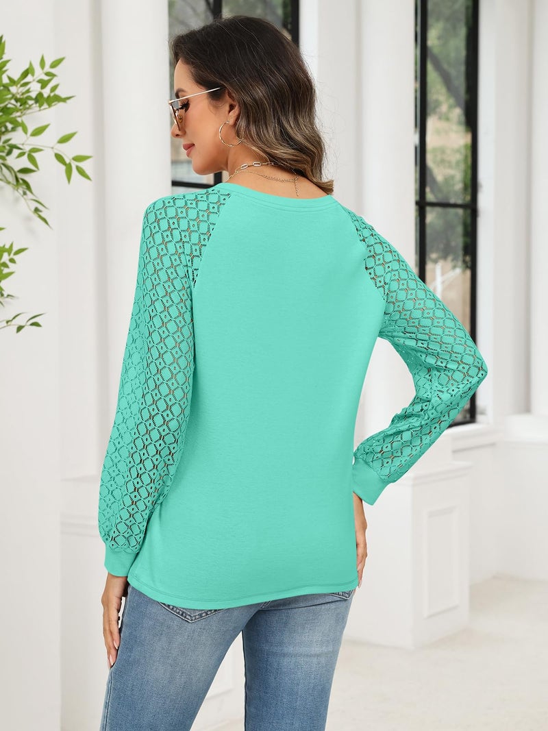 Minetom Women's Lace Long Sleeve Tops Henley Shirts Casual Blouses T Shirts Fall Clothes Lake Green - Image 5