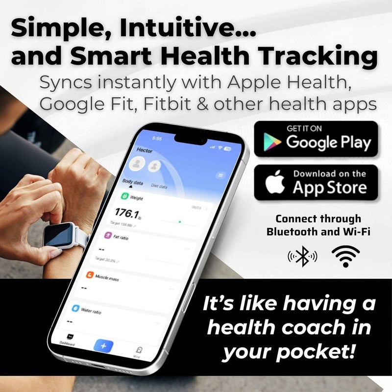 Dear Household ميزان وزن الجسم الذكي الرقمي الفاخر مؤهل لـ FSA أو HSA 8 أقطاب 56 مقياس قابل للشحن WiFi بلوتوث تحليل كامل للجسم تتبع نسبة الدهون والكتلة العضلية ونسبة الدهون تصميم أنيق - Image 4