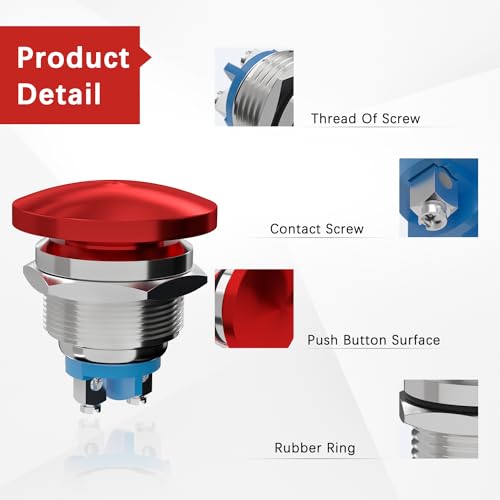 APIELE 22MM Mushroom Head Push Button Switch Momentary Push Button IP65 Waterproof 12V 24V 36 DC 110V 250V AC 5A SPST(22mm, Red) - Image 4