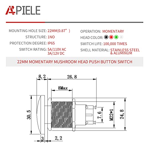 APIELE 22MM Mushroom Head Push Button Switch Momentary Push Button IP65 Waterproof 12V 24V 36 DC 110V 250V AC 5A SPST(22mm, Red) - Image 2