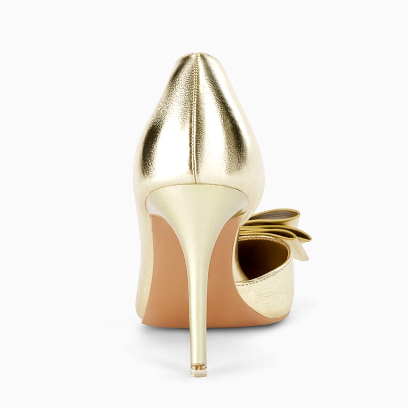 Coutgo Womens Bow Heels Closed Pointed Toe Dress Shoes Stiletto Slip on Wedding Pumps Gold - Image 4