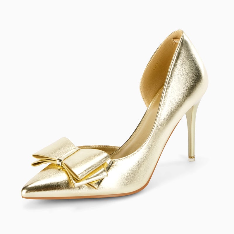 Coutgo Womens Bow Heels Closed Pointed Toe Dress Shoes Stiletto Slip on Wedding Pumps Gold - Image 2