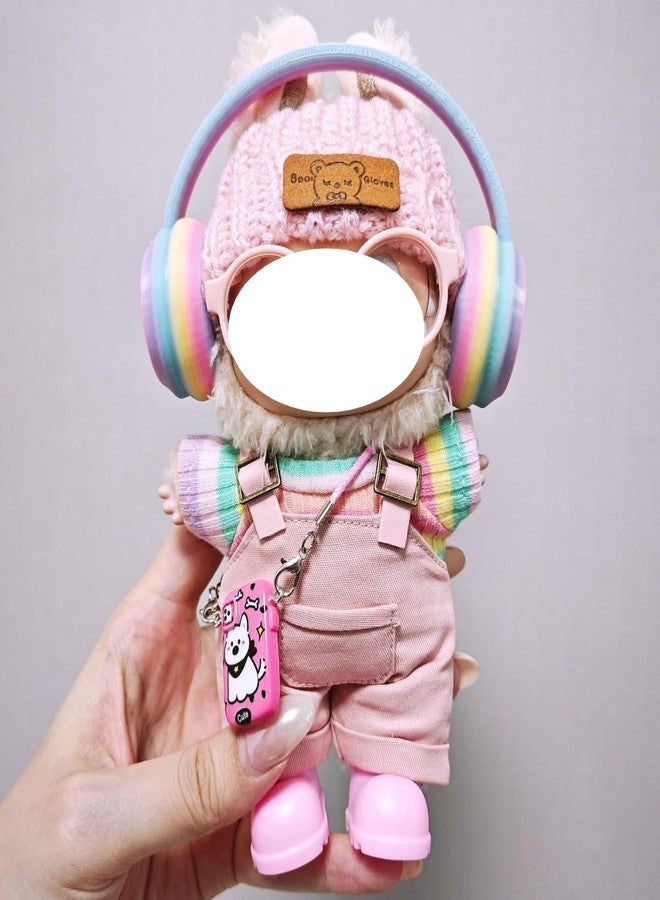 POMN 7 Pcs Clothes for Labubu (NO Doll) , Pink Overalls Set Earphone Glasses Bag Shoes for LBB Clothes 15cm/17cm Doll with Fashion Accessories (Rainbow) - Image 2