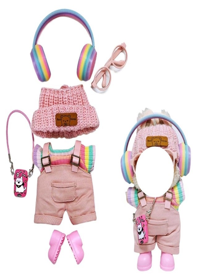 POMN 7 Pcs Clothes for Labubu (NO Doll) , Pink Overalls Set Earphone Glasses Bag Shoes for LBB Clothes 15cm/17cm Doll with Fashion Accessories (Rainbow) - Image 1