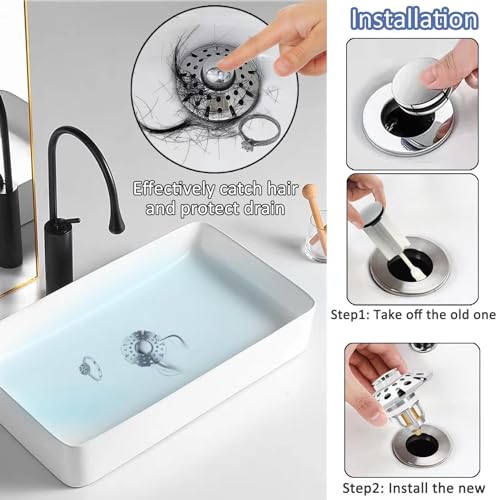AzWzz Bathroom Sink Stopper,Sink Hair Catcher,Bathroom Sink Drain Strainer Pop Up Drain Cover Plug,Universal for 1.1 to 1.65in Sink Drain Hole - Image 2