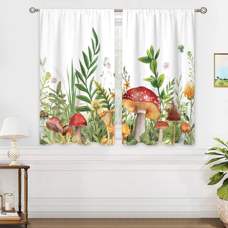 Oolygoo Mushroom Small Kitchen Curtains Sage Green Botanical Window Treatment Boho Wildflowers Plant Leaf Cafe Short Window Curtains for Bathroom Dining Laundry Room Tier Treatment Drapes 27.5x39 inch - Image 4