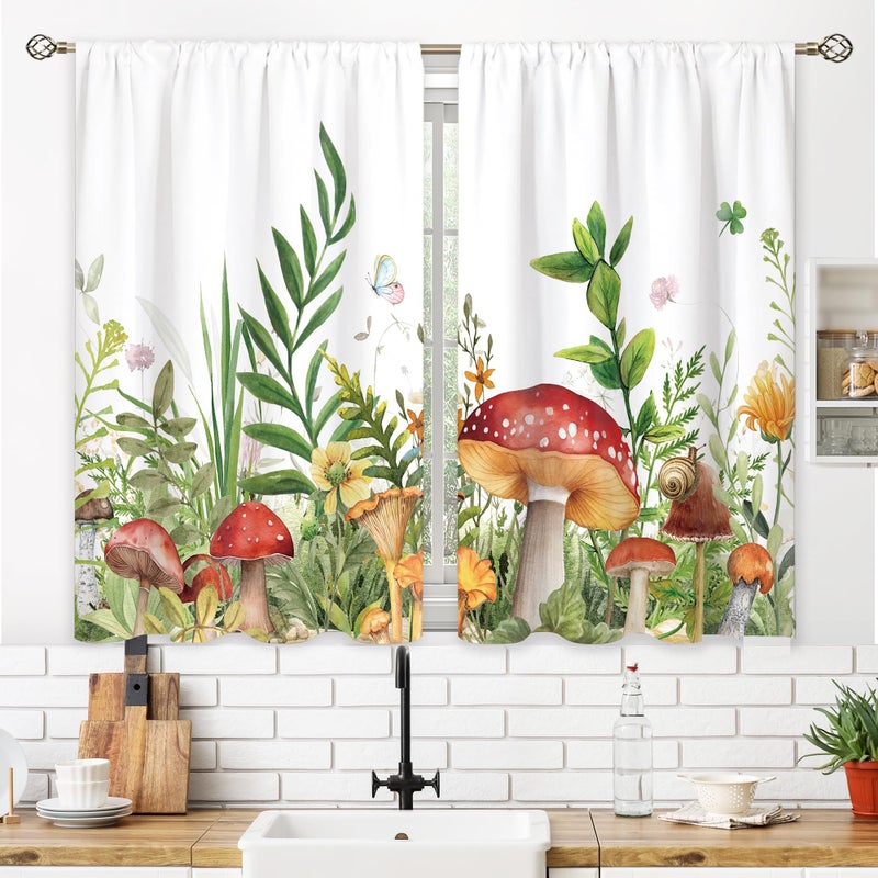 Oolygoo Mushroom Small Kitchen Curtains Sage Green Botanical Window Treatment Boho Wildflowers Plant Leaf Cafe Short Window Curtains for Bathroom Dining Laundry Room Tier Treatment Drapes 27.5x39 inch - Image 3