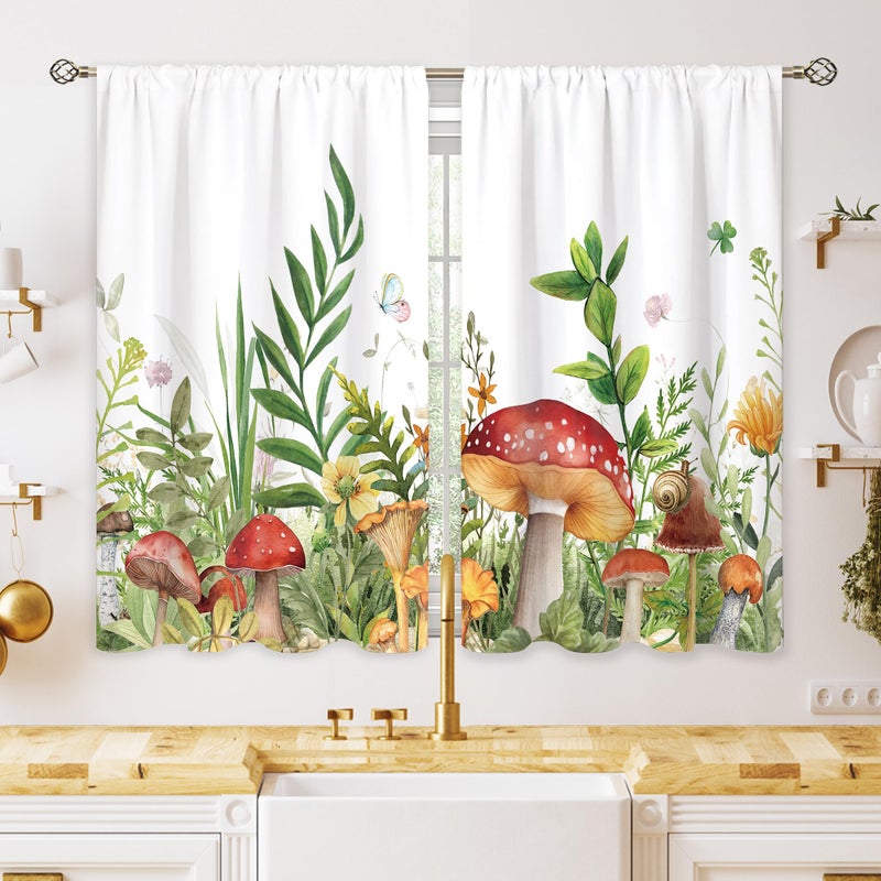 Oolygoo Mushroom Small Kitchen Curtains Sage Green Botanical Window Treatment Boho Wildflowers Plant Leaf Cafe Short Window Curtains for Bathroom Dining Laundry Room Tier Treatment Drapes 27.5x39 inch - Image 1