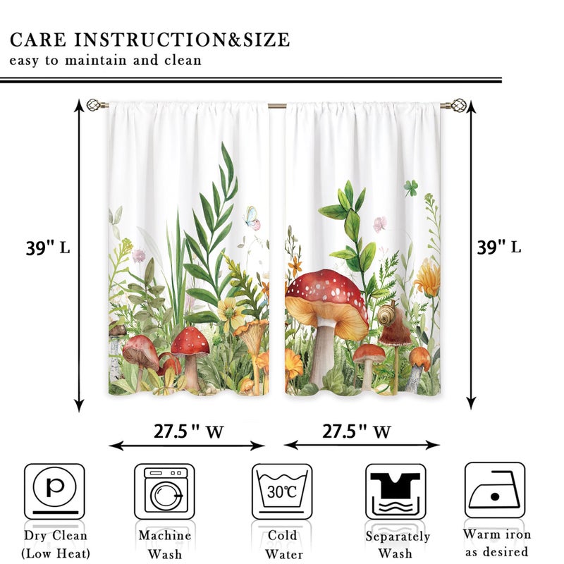Oolygoo Mushroom Small Kitchen Curtains Sage Green Botanical Window Treatment Boho Wildflowers Plant Leaf Cafe Short Window Curtains for Bathroom Dining Laundry Room Tier Treatment Drapes 27.5x39 inch - Image 2
