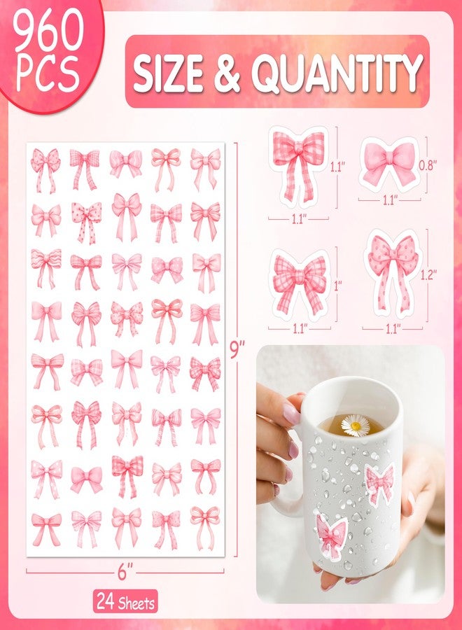 LINAYE 24 Sheets Pink Bow Stickers, 960 PCS Coquette Bow Decorative Stickers Bulk Cute Small for Crafts Envelops Scrapbooking Party Favors Supplies for Women Adults Girls - Image 2