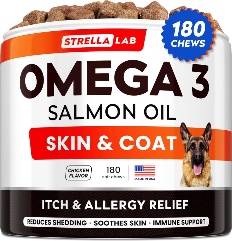 StrellaLab Omega 3 for Dogs - (180Ct) Fish Oil Treats - Allergy & Itch Relief Skin & Coat Supplement - Dry Itchy Skin, Anti Shedding & Hot Spots Treatment - Pet Salmon Oil Chews - Chicken Flavor - Image 1