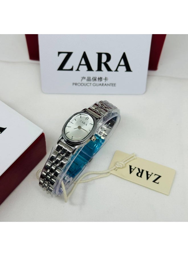 ZARA Elegant Women's All-Silver Oval Watch | Minimalist White Dial | Stainless Steel Bracelet