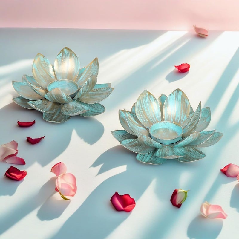THE HOME CO. Enhance your home style The Home Co Tea Light Candle Stand Set of 2 Green Lotus Tea Light Candle Holder for Dining Festive Dcor Home Decoration 6 X 6 X 2