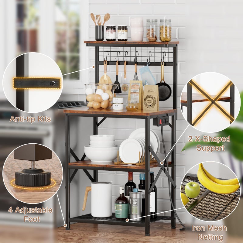 Furologee Kitchen Bakers Rack with Power Outlet, Microwave Oven Stand with Storage 4 Tiers, Coffee Bar Table with 6 S Hooks, Kitchen Storage Shelf Rack for Spices, Pots, Rustic Brown - Image 5