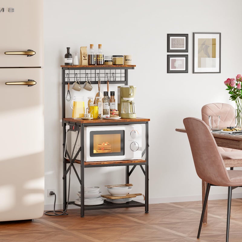 Furologee Kitchen Bakers Rack with Power Outlet, Microwave Oven Stand with Storage 4 Tiers, Coffee Bar Table with 6 S Hooks, Kitchen Storage Shelf Rack for Spices, Pots, Rustic Brown - Image 2