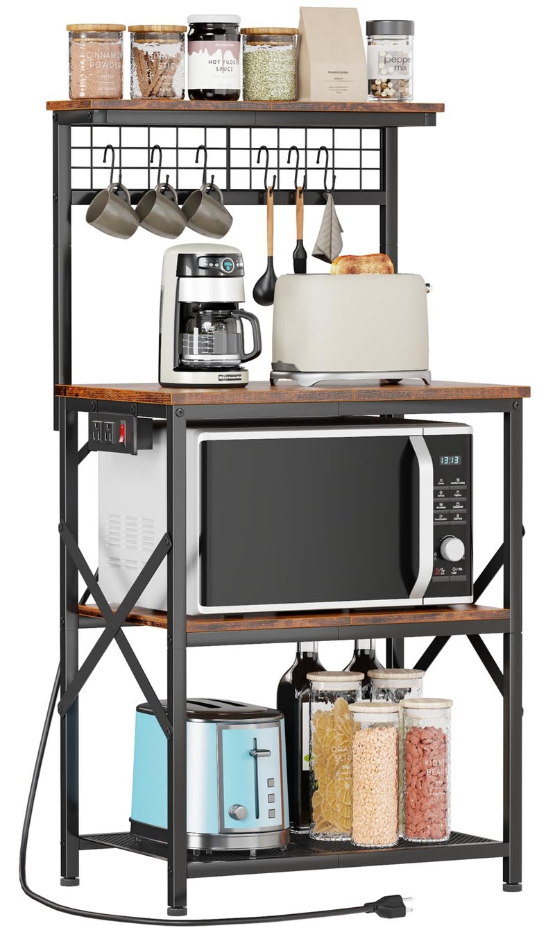 Furologee Kitchen Bakers Rack with Power Outlet, Microwave Oven Stand with Storage 4 Tiers, Coffee Bar Table with 6 S Hooks, Kitchen Storage Shelf Rack for Spices, Pots, Rustic Brown - Image 1