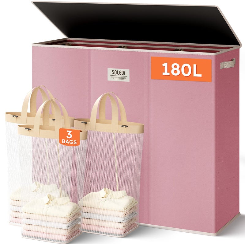SOLEDI 180L 3-Section Laundry Hamper with Lid, Extra Large Dirty Clothes Basket with Sturdy Handles for Laundry Room & Bedroom - Durable Organizer for Sorting Laundry - Image 1