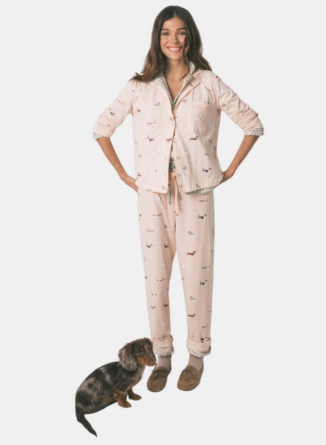 Women 100% cotton classic long striped dog print pyjamas