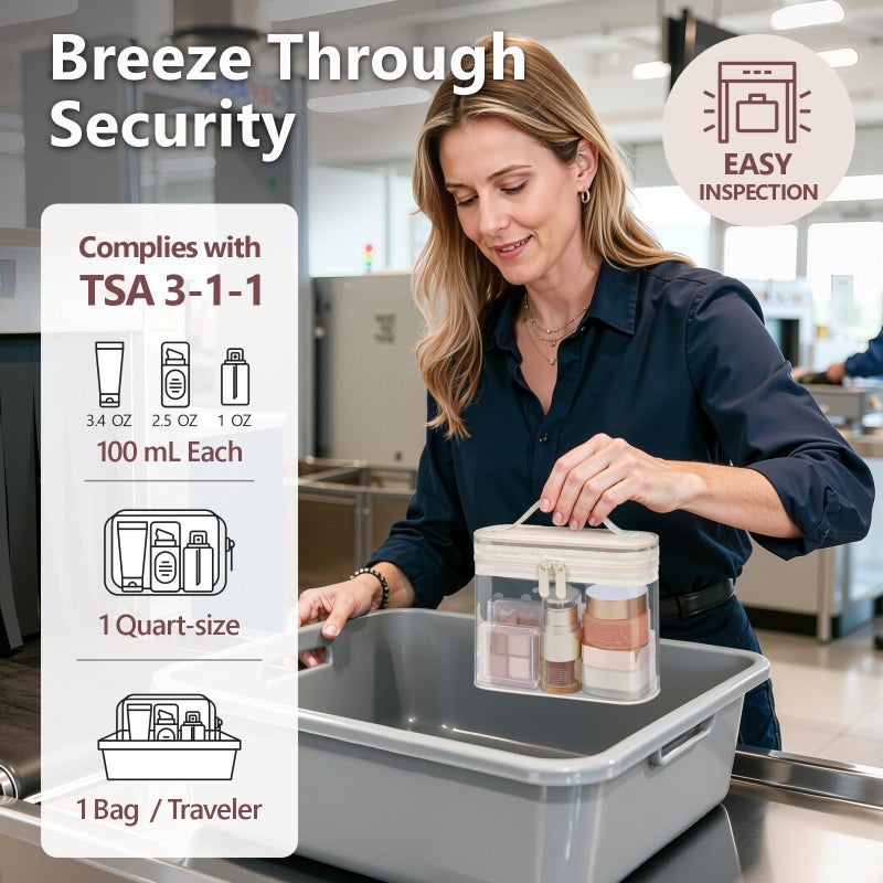 PACKISM TSA Approved Toiletry Bag 2 Pack - Quart Size Clear Makeup Bag with Handle & Dual Metal Zippers, Large Opening 3-1-1 Airline Compliant Security Travel Organizer for Carry On Liquids, Beige - Image 2
