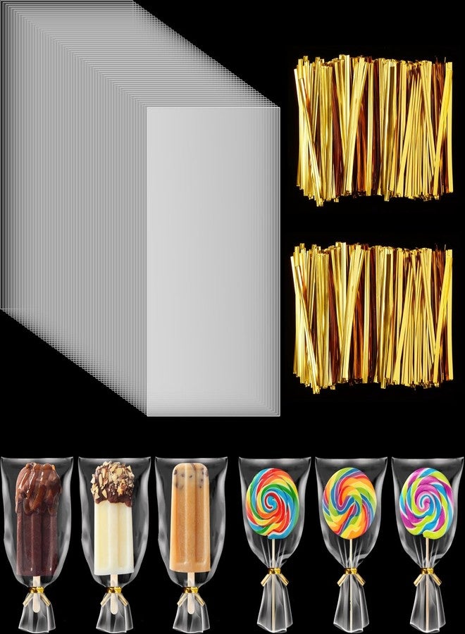 Shappy 200 Pieces Cellophane Treat Bags 4x6 inches Ice Lolly Bags Set 100 Pcs Clear Treat Bag with 100 Pcs Twist Ties Cake Plastic Bag for DIY Making Dessert Supplies Chocolate Cookie Wrapping - Image 1
