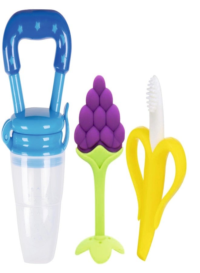 Roforuf Baby Banana Teether,Grapes Teether & Fruit Feeder Combo - Safe & Soft Teething Relief & Oral Care Perfect for Newborn Toddlers & Infant Baby - Pack of 3 (Blue GRP) - Image 1