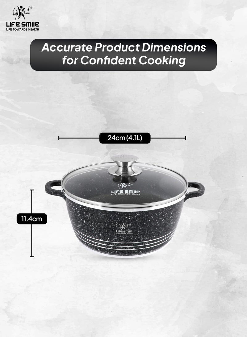 Life Smile 24cm (4.1 Liter) LIFE SMILE Non-Stick Cooking Pot | Aluminum Soup Pot With Glass Lid | 100% PFOA Free, Fixed Handle | Multi Layer Non-Stick Granite Coating | Oven safe Cookwares - Image 3