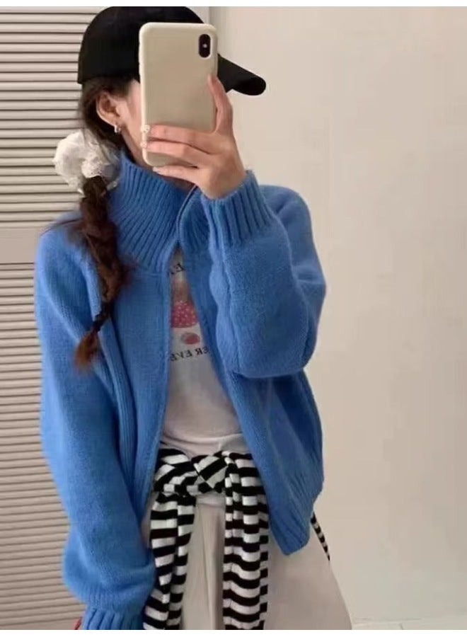 Leyuan Autumn And Winter New Double Zipper High-end Sense High-neck Sweater Women's Coat Lazy Style Knitted Cardigan Top - Image 2