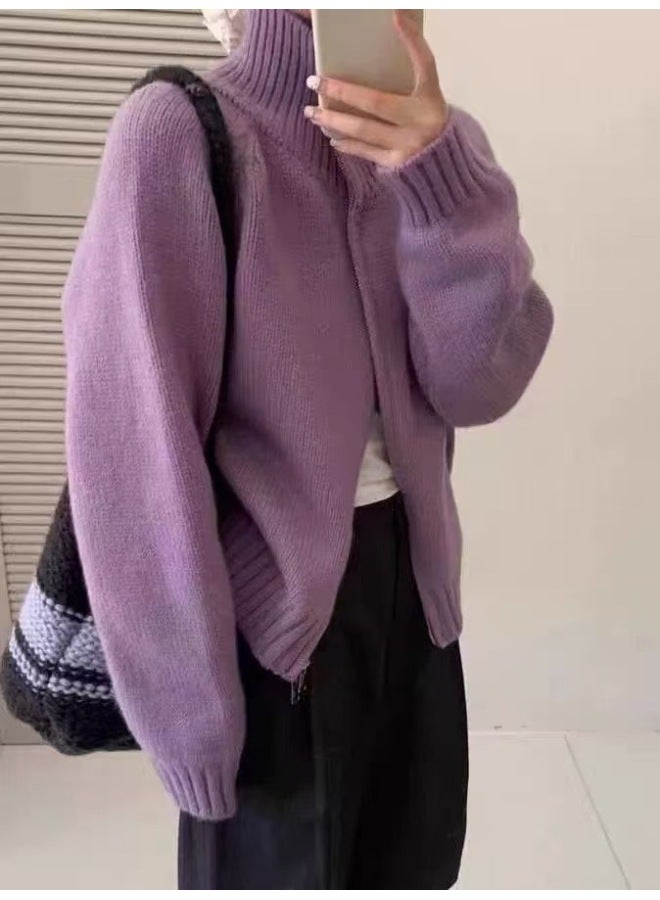 Leyuan Autumn And Winter New Double Zipper High-end Sense High-neck Sweater Women's Coat Lazy Style Knitted Cardigan Top - Image 3
