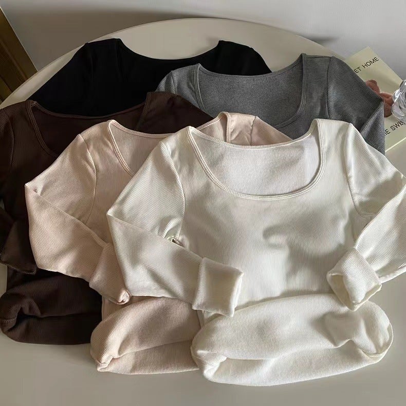 Explosions Sanding Fleece-Lined Thickened Warm Long Sleeve Base Shirt With Chest Pad T-Shirt Slim Fit Slimming Base Top - Image 2