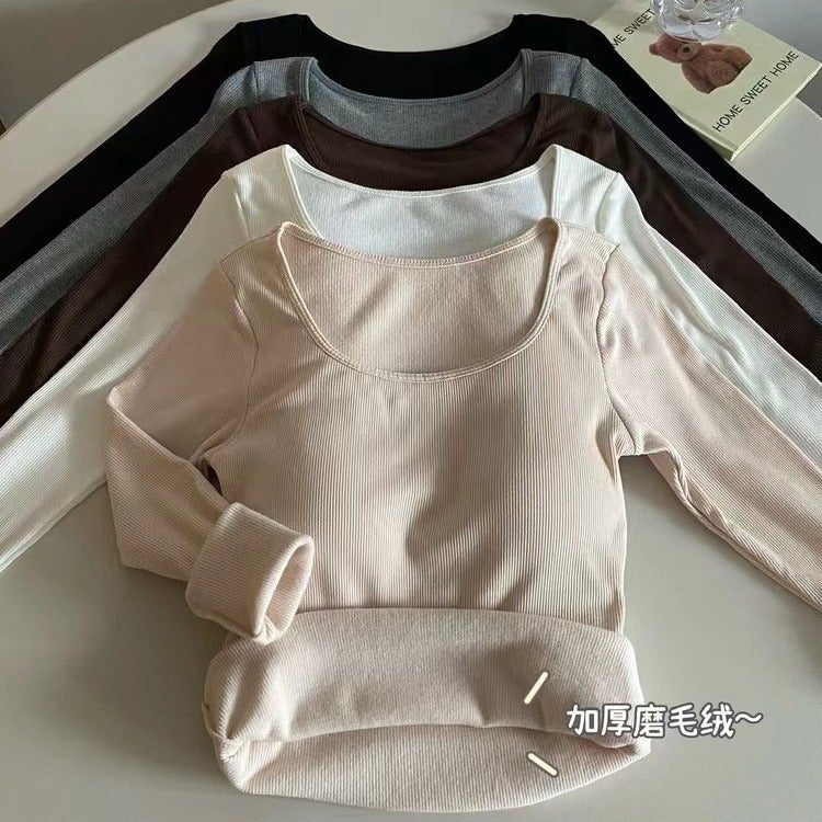 Explosions Sanding Fleece-Lined Thickened Warm Long Sleeve Base Shirt With Chest Pad T-Shirt Slim Fit Slimming Base Top - Image 4