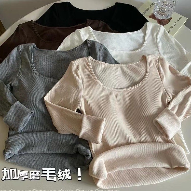 Explosions Sanding Fleece-Lined Thickened Warm Long Sleeve Base Shirt With Chest Pad T-Shirt Slim Fit Slimming Base Top - Image 3