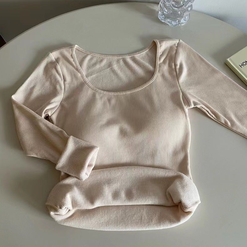Explosions Sanding Fleece-Lined Thickened Warm Long Sleeve Base Shirt With Chest Pad T-Shirt Slim Fit Slimming Base Top - Image 1