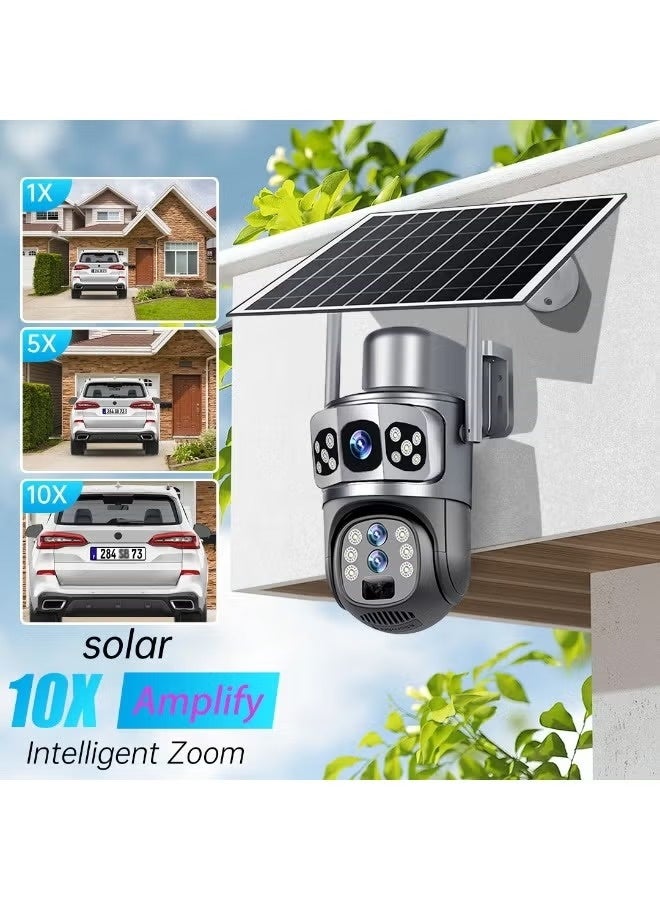 تنم كاميرا مراقبة خارجية لاسلكية تعمل بالطاقة الشمسية بتقنية 4G | كاميرا مراقبة ثلاثية العدسات بدقة 6K و12 ميجابكسل فائقة الوضوح مع تقريب بصري 10x، كاميرا قبة متحركة بزاوية 360 درجة، كاشف حركة، رؤية ليلية، صوت ثنائي الاتجاه، مقاومة للماء، رؤية عن بُعد - Image 3