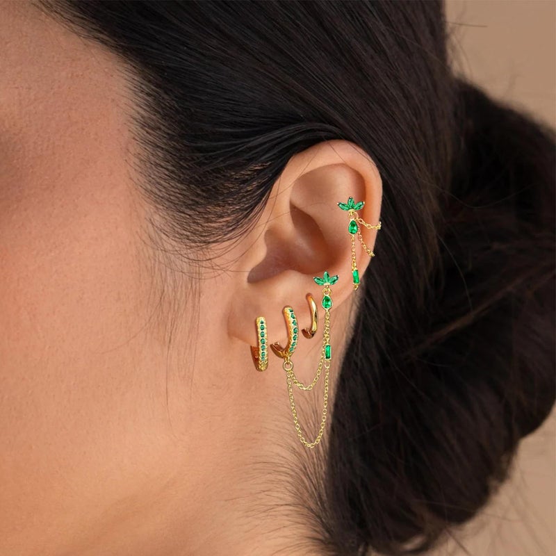ShineRose 6PCS Earring Stacks Cartilage Chain Helix Piercing Sets For Women Flat Back Multiple Piercing Dangle Huggie Hoop Stackable Jewelry (Green, Gold) - Image 5