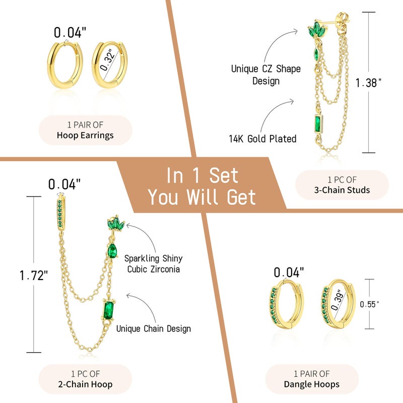 ShineRose 6PCS Earring Stacks Cartilage Chain Helix Piercing Sets For Women Flat Back Multiple Piercing Dangle Huggie Hoop Stackable Jewelry (Green, Gold) - Image 2