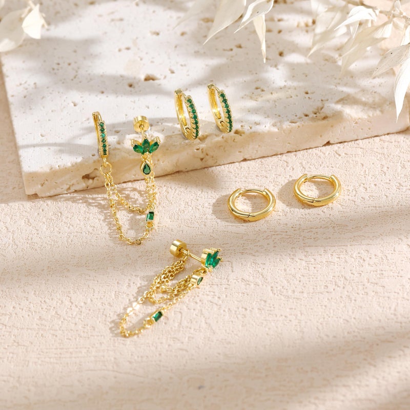 ShineRose 6PCS Earring Stacks Cartilage Chain Helix Piercing Sets For Women Flat Back Multiple Piercing Dangle Huggie Hoop Stackable Jewelry (Green, Gold) - Image 4