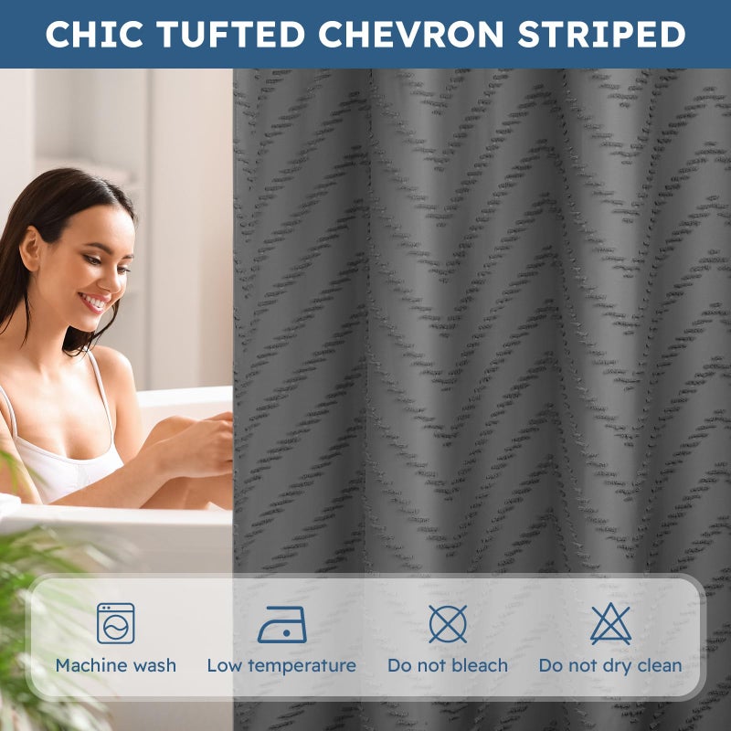 FADOTY No Hook Shower Curtain and Snap in Liner Set Grey Tufted Chevron Striped Cloth Waterproof Washable Fabric Boho Gray Bath Curtain with See Through Mesh Top Window for Bathroom Hotel 71"" x 86"" - Image 4