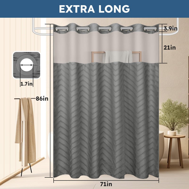 FADOTY No Hook Shower Curtain and Snap in Liner Set Grey Tufted Chevron Striped Cloth Waterproof Washable Fabric Boho Gray Bath Curtain with See Through Mesh Top Window for Bathroom Hotel 71"" x 86"" - Image 5