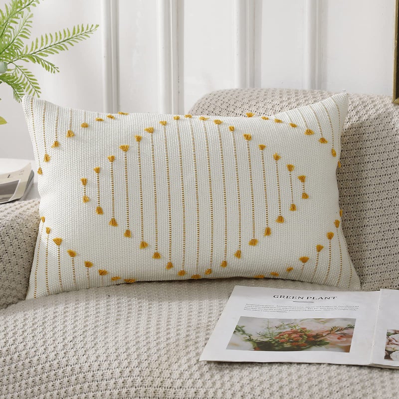 PANOD Knitted Boho Tufted Throw Pillow Covers with Tassel 12x20 inch Decorative Indoor Outdoor Bohemian Lumbar Cushion case Pillowcase for Couch Sofa Livingroom car Farmhouse Yellow and Cream White