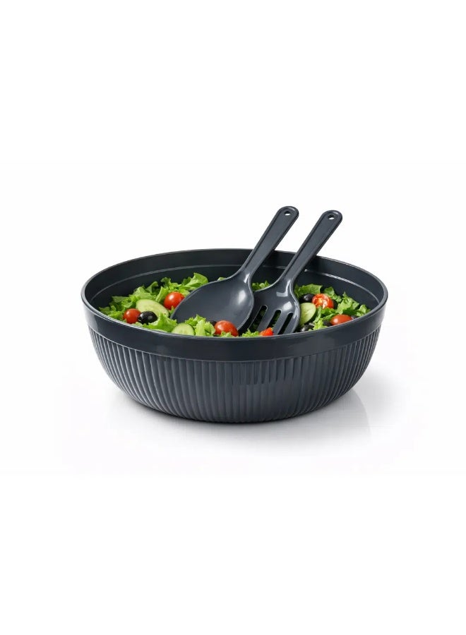 Dunya Plastic Chef Salad Bowl Set 27 cm – Large Serving Bowl with Salad Spoon & Fork (4000 ml)-Dark Grey - Image 1