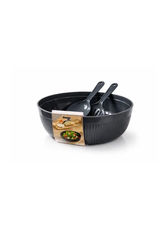 Dunya Plastic Chef Salad Bowl Set 27 cm – Large Serving Bowl with Salad Spoon & Fork (4000 ml)-Dark Grey - Image 2