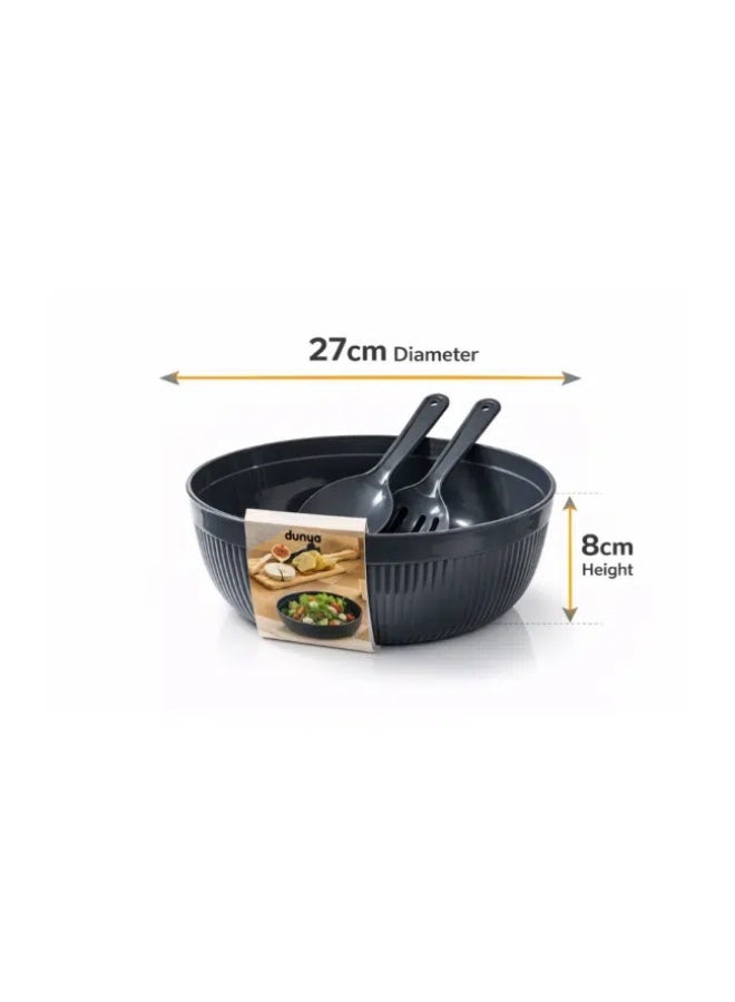 Dunya Plastic Chef Salad Bowl Set 27 cm – Large Serving Bowl with Salad Spoon & Fork (4000 ml)-Dark Grey - Image 3