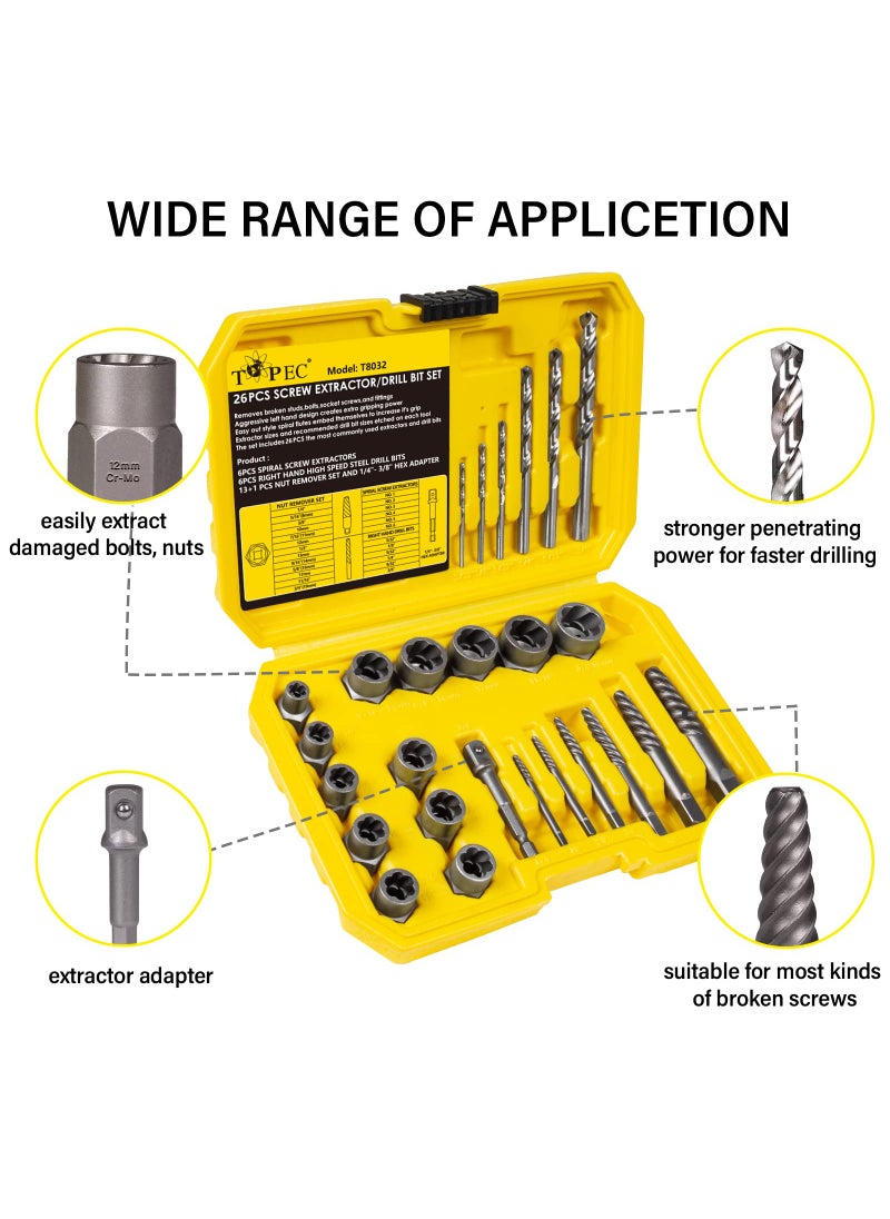 Topec Topec 26Pcs Stripped Screw Extractor Set, Broken Bolt Extractor Kit with Drill Bits, Easy Out Screw Extractor Socket Set for Removing Damaged, Rounded, Rusted Nuts & Screws  - Image 2