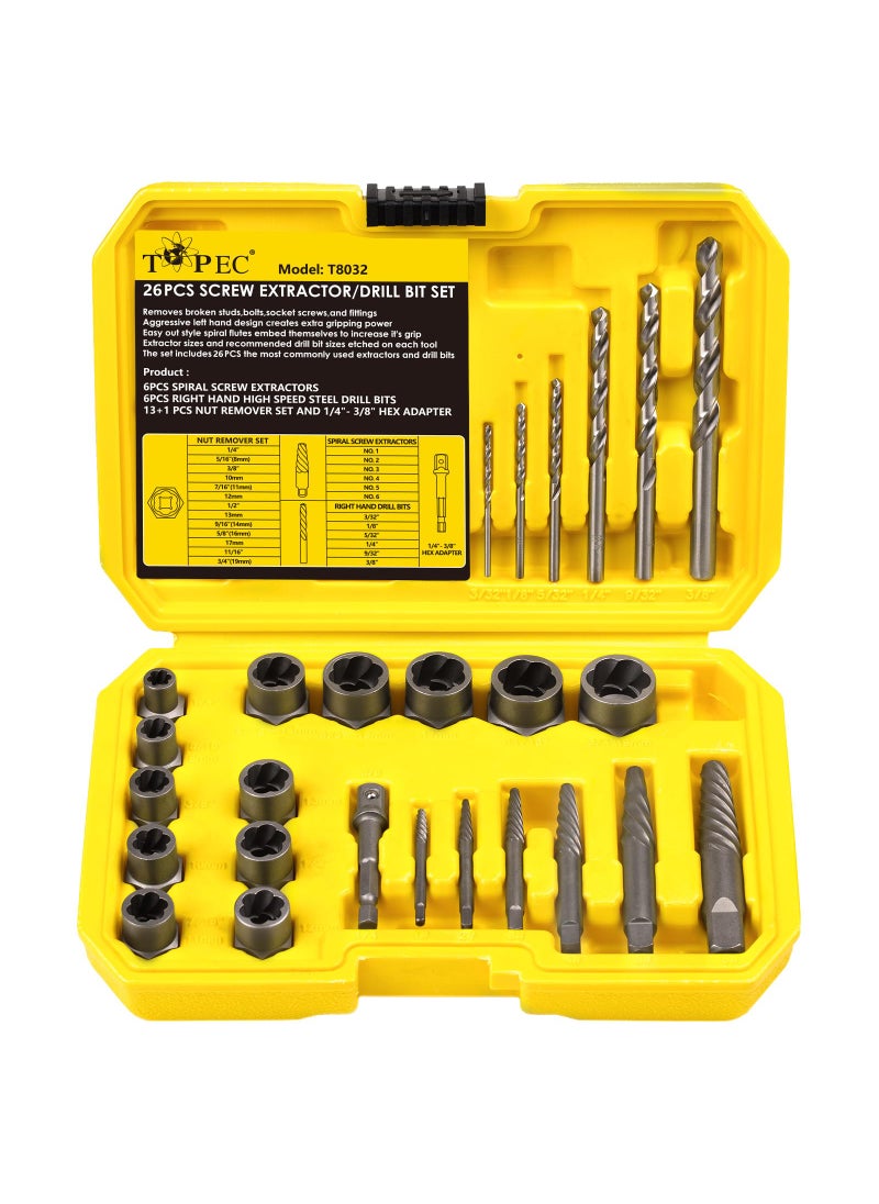 Topec Topec 26Pcs Stripped Screw Extractor Set, Broken Bolt Extractor Kit with Drill Bits, Easy Out Screw Extractor Socket Set for Removing Damaged, Rounded, Rusted Nuts & Screws  - Image 1