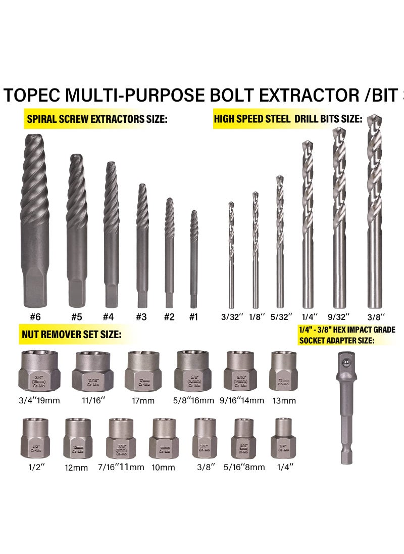 Topec Topec 26Pcs Stripped Screw Extractor Set, Broken Bolt Extractor Kit with Drill Bits, Easy Out Screw Extractor Socket Set for Removing Damaged, Rounded, Rusted Nuts & Screws  - Image 5