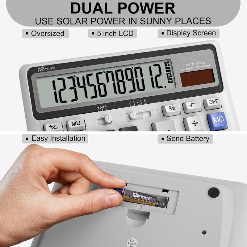 Desk Calculator 12 Digit with Big Buttons, Desktop Dual Power Calculator with Large Display for Office, School, Home - Image 4
