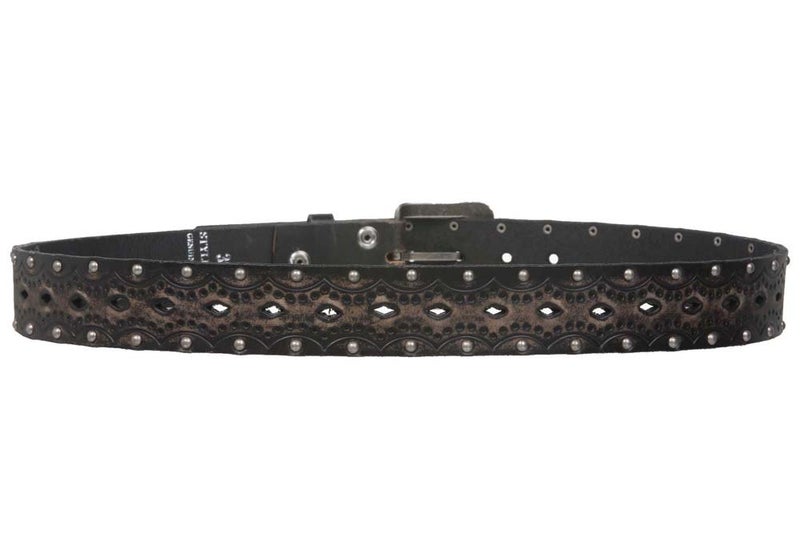 Beltiscool 1 1/2" Snap on Perforated Studded Vintage Embossed Solid Leather Jean Belt, Black | 48" - Image 4